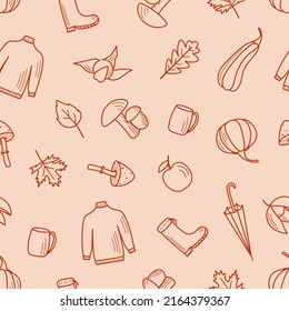 Seamless pattern of autumn set of items, vector wallpaper doodle style fall mood