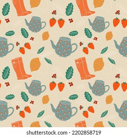 Seamless pattern. Autumn set kettle, lemon, rubber boots. Hygge. Vector in cartoon style. 
