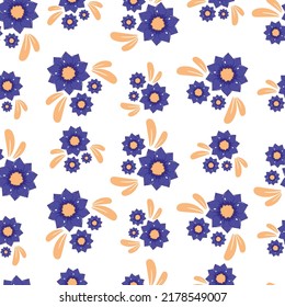 Seamless pattern with autumn small abstract bouquets of blue flowers in warm colors isolated on white background in flat cartoon style.