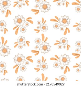 Seamless pattern with autumn small abstract bouquets of flowers in warm colors isolated on white background in flat cartoon style.