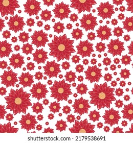 Seamless pattern with autumn small abstract red flowers in warm pastel colors isolated on white background in flat cartoon style.