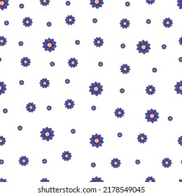 Seamless pattern with autumn small blue abstract flowers in warm colors isolated on white background in flat cartoon style.