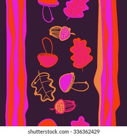Seamless    pattern  of autumn and striped motif, doodles, objects,oak, acorns . Hand drawn.