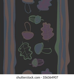 Seamless    pattern  of autumn and striped motif, doodles, objects,oak, acorns . Hand drawn.