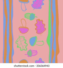 Seamless    pattern  of autumn and striped motif, doodles, objects,oak, acorns . Hand drawn.