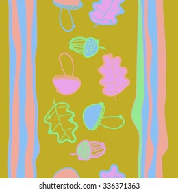 Seamless    pattern  of autumn and striped motif, doodles, objects,oak, acorns . Hand drawn.