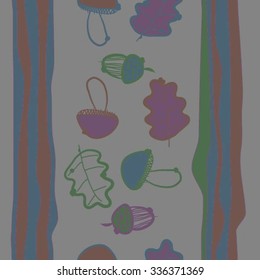 Seamless    pattern  of autumn and striped motif, doodles, objects,oak, acorns . Hand drawn.