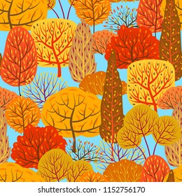 Seamless pattern with autumn stylized trees. Landscape seasonal illustration.