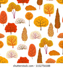 Seamless pattern with autumn stylized trees. Landscape seasonal illustration.