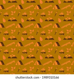 Seamless pattern with autumn summer camping attributes drawing in a flat style