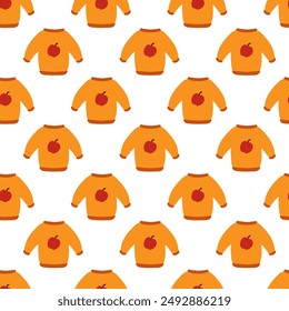 Seamless pattern. Autumn sweater with apple design. Cozy fall background. Vector flat illustration.