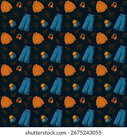 Patrón sin fisuras con suéter de otoño, jeans, mochila y auriculares. Fondo oscuro de Vector de dibujos animados. 