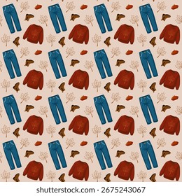 Patrón sin costuras con sudadera de otoño, jeans, sombrero y hojas. Fondo de Vector de dibujos animados