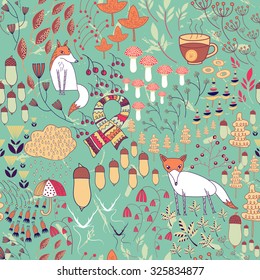 Seamless pattern with autumn symbols and objects