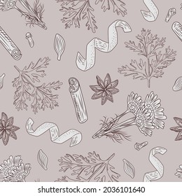 Seamless pattern autumn tea on beige background. Beautiful texture herbal for packaging design tea. Repeated template vintage engraving style.Vector illustration.