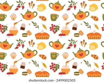 Patrón sin fisuras con Elementos de fiesta de té de otoño. Ilustración vectorial de tetera, limón, pasteles dibujados a mano en estilo de dibujos animados. Ideal para scrapbooking, fondo, papel de embalaje, textil