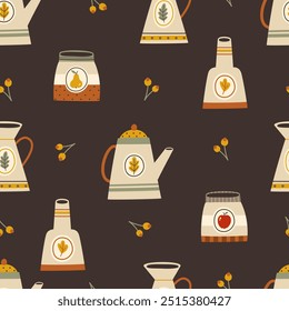 Seamless pattern with autumn teapots and different tableware. Vector illustration