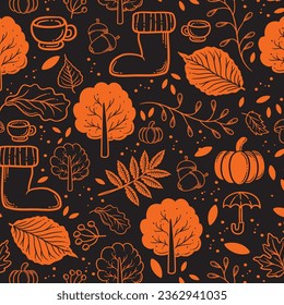 Seamless pattern of the autumn theme. Abstract leaves, pumpkin print for Halloween. Vector graphics.