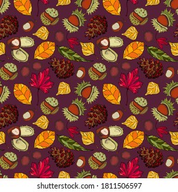 Seamless pattern with an autumn theme. Colored leaves, chestnuts, cones. Design for wallpaper, packaging, fabric, textile, wrapping paper.
