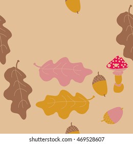 Seamless   pattern of  autumn theme, doodles,  object,leaves, mushroom, acorns, oak, copy spa?e. Hand drawn.