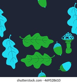 Seamless   pattern of  autumn theme, doodles,  object,leaves, mushroom, acorns, oak, copy spa?e. Hand drawn.
