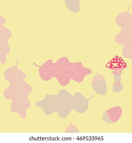 Seamless   pattern of  autumn theme, doodles,  object,leaves, mushroom, acorns, oak, copy space. Hand drawn.