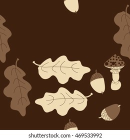 Seamless   pattern of  autumn theme, doodles,  object,leaves, mushroom, acorns, oak, copy space. Hand drawn.