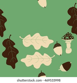 Seamless   pattern of  autumn theme, doodles,  object,leaves, mushroom, acorns, oak, copy space. Hand drawn.