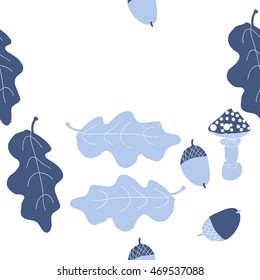 Seamless   pattern of  autumn theme, doodles,  object,leaves, mushroom, acorns, oak, copy space. Hand drawn.