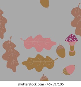 Seamless   pattern of  autumn theme, doodles,  object,leaves, mushroom, acorns, oak, copy space. Hand drawn.