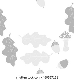 Seamless   pattern of  autumn theme, doodles,  object,leaves, mushroom, acorns, oak, copy space. Hand drawn.