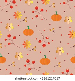 seamless pattern - autumn theme with flowers, leaves and pumpkins - brown background