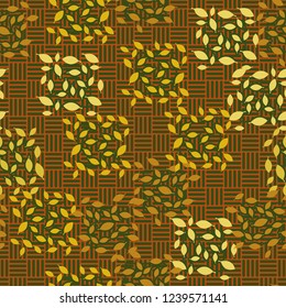 Seamless pattern. Autumn theme. Foliage and squares on a checkered surface.