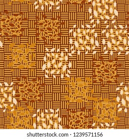 Seamless pattern. Autumn theme. Foliage and squares on a checkered surface.