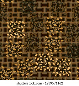 Seamless pattern. Autumn theme. Foliage and squares on a checkered surface.