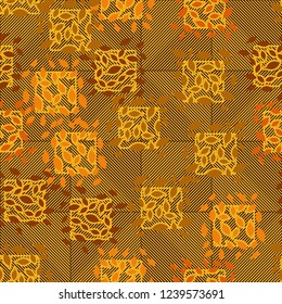 Seamless pattern. Autumn theme. Foliage and squares on the diagonal-striped background.