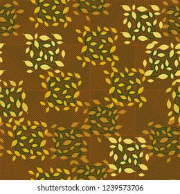 Seamless pattern. Autumn theme. Foliage and squares on the diagonal-striped background.
