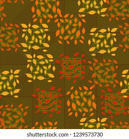 Seamless pattern. Autumn theme. Foliage and squares on the diagonal-striped background.
