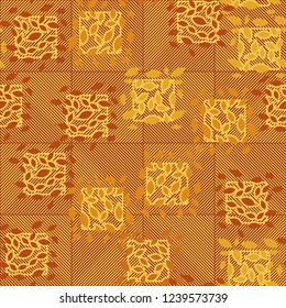 Seamless pattern. Autumn theme. Foliage and squares on the diagonal-striped background.