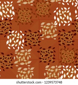 Seamless pattern. Autumn theme. Foliage and squares on the diagonal-striped background.