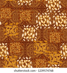 Seamless pattern. Autumn theme. Foliage and squares on the background of fireworks.