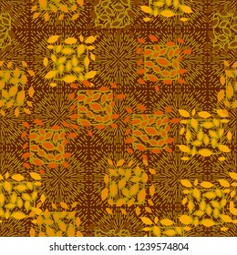 Seamless pattern. Autumn theme. Foliage and squares on the background of fireworks.