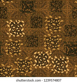 Seamless pattern. Autumn theme. Foliage and squares on the background of fireworks.