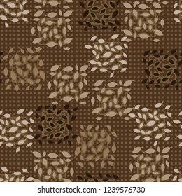 Seamless pattern. Autumn theme. Foliage and squares on the background of rows of small squares.