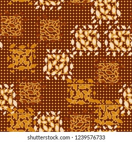 Seamless pattern. Autumn theme. Foliage and squares on the background of rows of small squares.