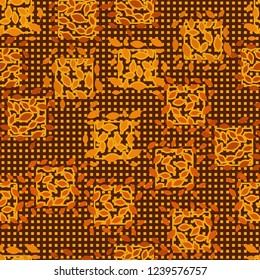 Seamless pattern. Autumn theme. Foliage and squares on the background of rows of small squares.