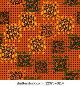 Seamless pattern. Autumn theme. Foliage and squares on the background of rows of small squares.