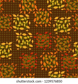 Seamless pattern. Autumn theme. Foliage and squares on the background of rows of small squares.