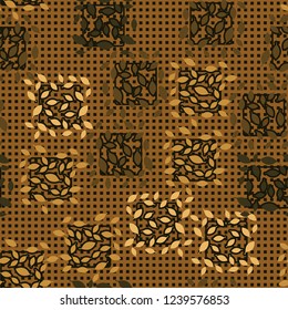 Seamless pattern. Autumn theme. Foliage and squares on the background of rows of small squares.