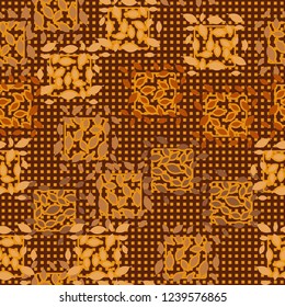 Seamless pattern. Autumn theme. Foliage and squares on the background of rows of small squares.